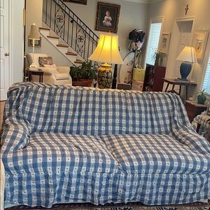 Vintage Couch slip cover Blue White Checkered Sofa Cover protector cottage core